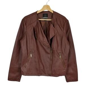 B by Bernardo Women's Brown Faux Vegan Leather Moto Jacket Size Large